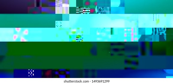 Vector illustration of an abstract glitch background. Cyberpunk concept. Colorful techno backdrop with aesthetics of vaporwave style of 80's.