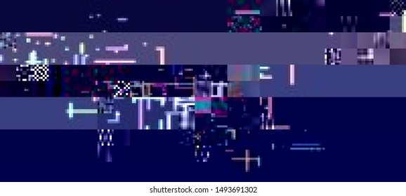 Vector illustration of an abstract glitch background. Cyberpunk concept. Colorful techno backdrop with aesthetics of vaporwave style of 80's.