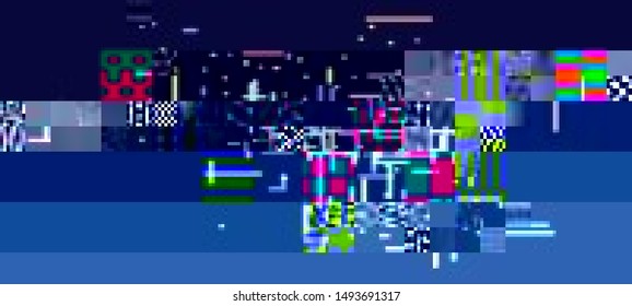 Vector illustration of an abstract glitch background. Cyberpunk concept. Colorful techno backdrop with aesthetics of vaporwave style of 80's.