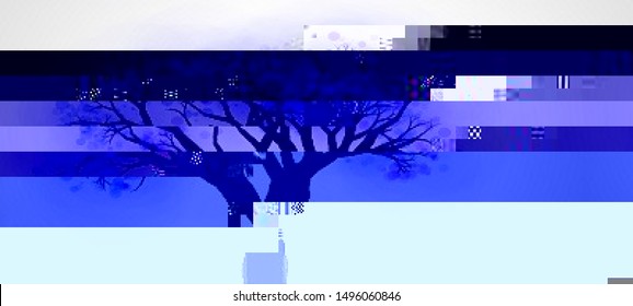 Vector illustration of an abstract glitch background. Cyberpunk concept. Colorful techno backdrop with aesthetics of vaporwave style of 80's.