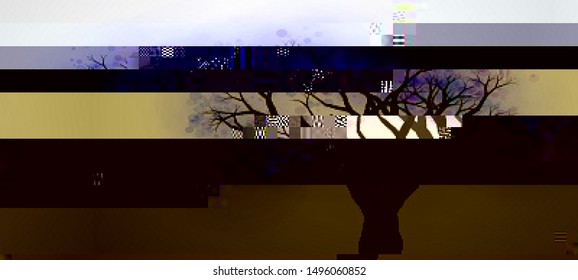 Vector illustration of an abstract glitch background. Cyberpunk concept. Colorful techno backdrop with aesthetics of vaporwave style of 80's.
