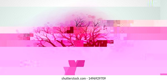 Vector illustration of an abstract glitch background. Cyberpunk concept. Colorful techno backdrop with aesthetics of vaporwave style of 80's.