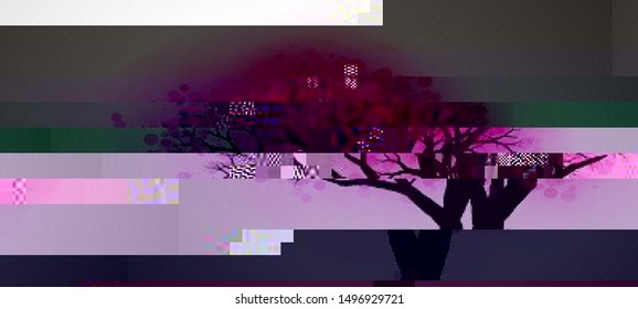 Vector illustration of an abstract glitch background. Cyberpunk concept. Colorful techno backdrop with aesthetics of vaporwave style of 80's.