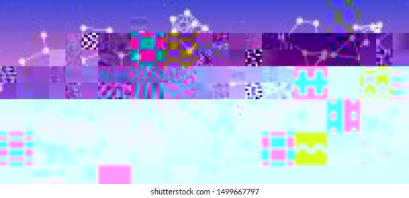 Vector illustration of an abstract glitch background. Cyberpunk concept. Colorful techno backdrop with aesthetics of vaporwave style of 80's.