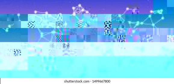 Vector illustration of an abstract glitch background. Cyberpunk concept. Colorful techno backdrop with aesthetics of vaporwave style of 80's.