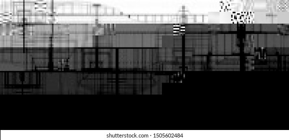 Vector illustration of an abstract glitch background in a black and white colors. Cyberpunk concept. Colorful techno backdrop with aesthetics of vaporwave style of 80's.