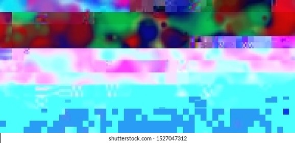 Vector illustration of an abstract glitch background. Cyberpunk concept. Colorful techno backdrop with aesthetics of vaporwave style of 80's.