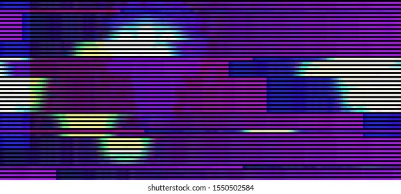 Vector illustration of an abstract glitch background. Cyberpunk concept. Colorful techno backdrop with aesthetics of vaporwave style of 80's. Creative graphic design for poster,brochure,flyer and card