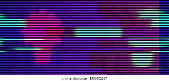 Vector illustration of an abstract glitch background. Cyberpunk concept. Colorful techno backdrop with aesthetics of vaporwave style of 80's. Creative graphic design for poster,brochure,flyer and card