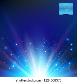 Vector illustration of abstract glowing white sun, star burst on dark blue background. With light effects of flare, rays of light and colored shiny sparkles. 