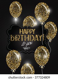 Vector illustration with abstract gold air balloons with stars and Happy Birthday wishes on the textile background