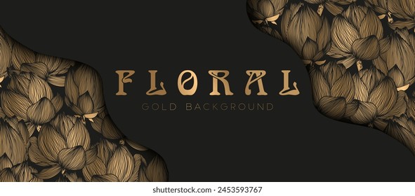 Vector illustration with abstract gold hand drawn lotus flowers pattern isolated on black background. Luxury floral design for card, website, advertising, promotion, invitation, banner