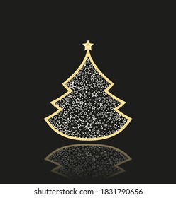 Vector illustration abstract golden christmas tree on black background. Golden light decoration. Christmas tree as symbol
