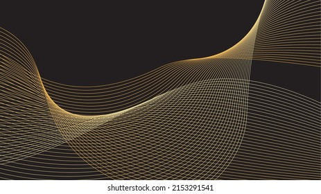 Vector illustration of abstract golden line curves, black background.