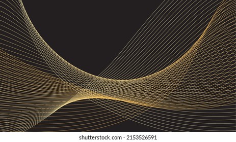 Vector illustration of abstract golden line curves, black background.