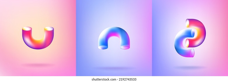 Vector illustration. Abstract gradient backgrounds set. Object's 3d geometric shape. Design elements for poster, book cover, magazine, layout, brochure, gift card. Minimalist futuristic concept
