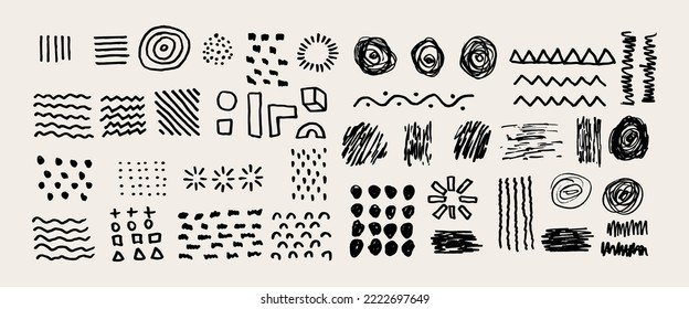 Vector illustration. Abstract graphic elements in minimal trendy style. Vector set of hand drawn texture. Design elements for posters, layout, cover, invitations, cards, social media posts and stories