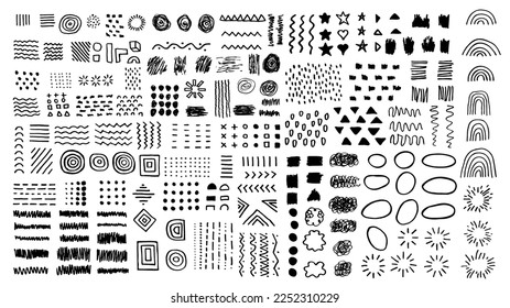 Vector illustration. Abstract graphic elements in minimal trendy style. Vector set of hand drawn texture. Design elements for posters, layout, cover, invitations, cards, social media posts and stories