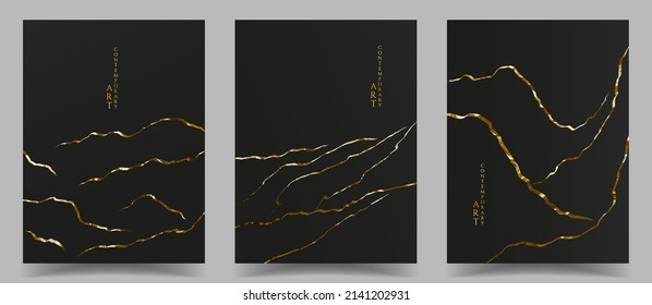 Vector illustration. Abstract graphic landscape. Mountains, hills. Wavy pattern. Dark backgrounds collection. Golden foil ink. Design for poster, book cover, magazine, brochure. Gold paint. Wall art