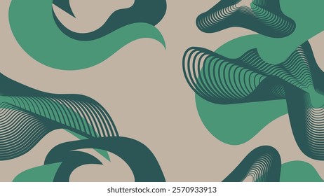 Vector illustration of abstract graphic seamless pattern in green and beige tones. Emphasize organic curves and lines that flow and move naturally. For backgrounds, designs, publications. Minimal.