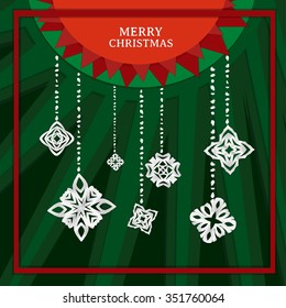 Vector illustration abstract green Christmas Background with red star. Cut out paper snowflakes.