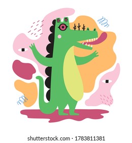 Vector Illustration With Abstract Green Crocodile Monster With Many Eyes And Pink Tongue. Funny Flat Style Print Design With Animal