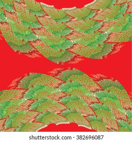Vector illustration of abstract green & red hand drawn graphic pattern / background. Shells, peelings, lines, distressed, distorted, grunge image, doodle waves, mountains, landscape.