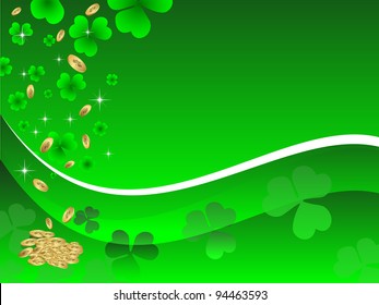 Vector illustration  of abstract greeting card with gold coins on seamless clover wave background for St. Patrick's Day.