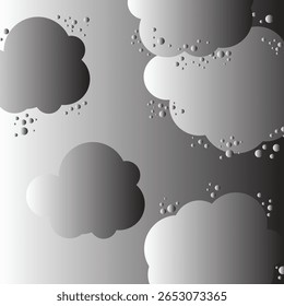 A vector illustration of abstract grey gradient clouds with numerous scattered bubbles, creating a dynamic, cloudy texture
