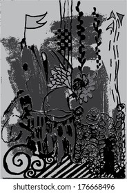 Vector illustration of abstract greyscale / black and white hand drawn image. Imagination, flag, nightmare, swirls.