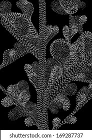 A vector illustration of abstract greyscale swirly tree. Pattern / background hand drawn. Dark, night, river, landscape.