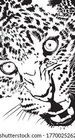 Vector illustration of abstract growling leopards muzzle. leopard head black isolated on white background.