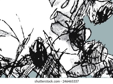 Vector illustration of abstract grunge background, with strokes, splats and circles. Grunge, scratch black and white graphic texture.