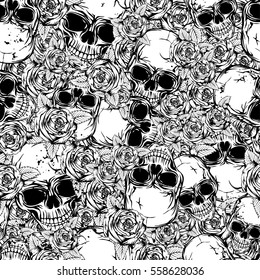 Vector illustration abstract grunge background with skulls and roses for cloth or card