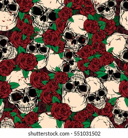 Vector illustration abstract grunge color background with skulls and roses for cloth or card