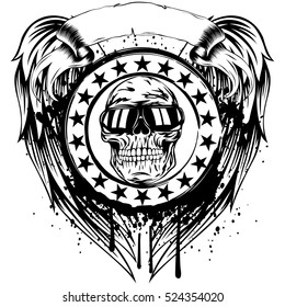 Vector illustration abstract grunge symbol stamp with skull on wings and banner. Skull in sunglasses.