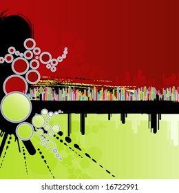 Vector illustration of an abstract grungy green and red background with rainbow columns and modern circles.