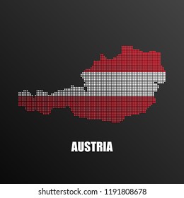 Vector illustration of abstract halftone map of Austria made of square pixels with Austrian national flag colors for your graphic and web design
