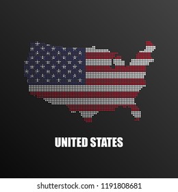 Vector illustration of abstract halftone map of USA made of square pixels with the United States of America national flag colors for your graphic and web design