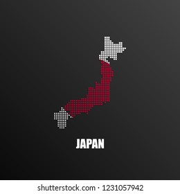 Vector illustration of abstract halftone map of Japan made of square pixels with Japanese national flag colors for your graphic and web design
