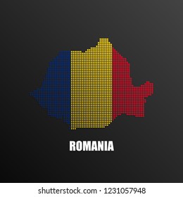 Vector illustration of abstract halftone map of Romania made of square pixels with Romanian national flag colors for your graphic and web design