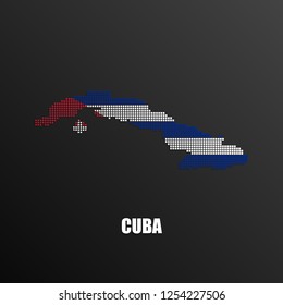 Vector illustration of abstract halftone map of Cuba made of square pixels with Cuban national flag colors for your graphic and web design