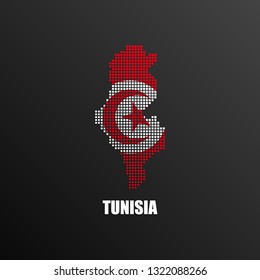 Vector illustration of abstract halftone map of Tunisia made of square pixels with Tunisian national flag colors for your graphic and web design