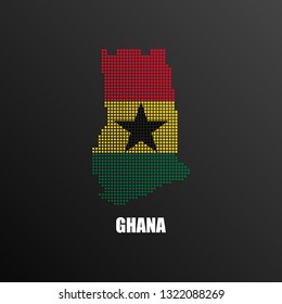 Vector illustration of abstract halftone map of Ghana made of square pixels with Ghanaian national flag colors for your graphic and web design