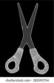 Vector illustration of abstract hand drawn scissors. Black and white.