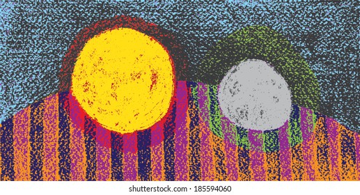 Vector illustration of abstract hand drawn planets. Charcoal, pastel, rough, painting.
