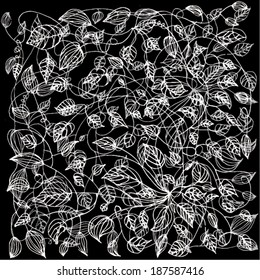 Vector illustration of abstract hand drawn floral nature leaf pattern background. Black & White.