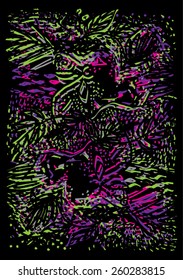 Vector illustration of abstract hand drawn image with dots and leafs and abstract swirls. Purple, green, black.