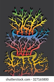 Vector illustration of abstract hand drawn trees growing out of trees. Branches, twigs, antlers, mushroom, coral. Grey & spectrum (rainbow), colorful. Matisse inspired.