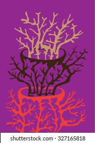 Vector illustration of abstract hand drawn trees growing out of trees. Branches, twigs, antlers, mushroom, coral. Purple, brown, black, red. Matisse inspired.